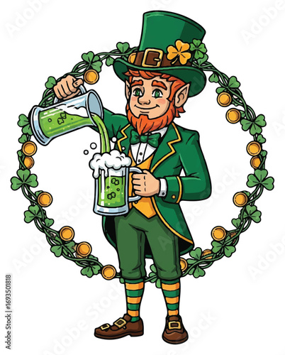 Leprechaun pouring green beer into a mug, surrounded by a clover wreath.