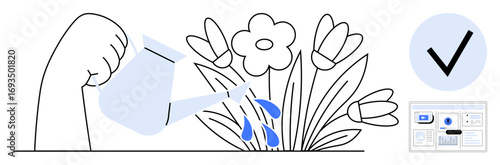 Hand holding watering can sprinkling flowers, emphasizing growth, care, and nurturing. Ideal for development, success, creativity, teamwork, leadership sustainability education a simple flat