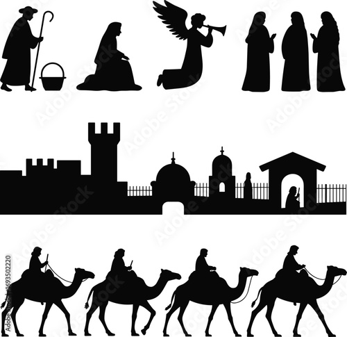 Nativity scene silhouette, holy family, three wise men, Bethlehem city, Christmas story, religious illustration, biblical vector, angel and shepherd