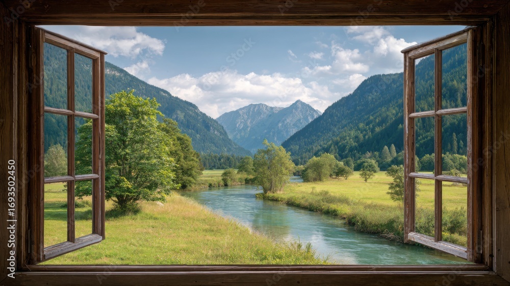 Fototapeta premium Open Window View to Green Garden and Nature Landscape