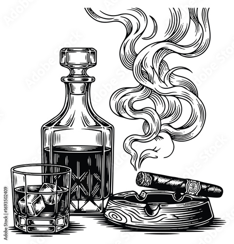 Whiskey decanter, rocks glass, cigar, and ashtray with smoke.