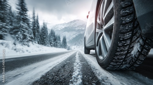 Close-up of car tires driving on snowy winter road with visible tread pattern, showcasing vehicle traction and safety on icy surface during cold weather conditions, ideal for automotive and seasonal t