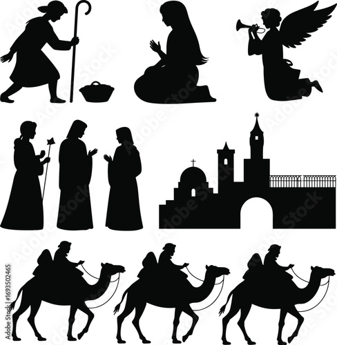 Nativity scene silhouettes, biblical characters, Mary, Joseph, angel, three wise men, Bethlehem, Christmas story, religious tradition, holy night, Christmas celebration.