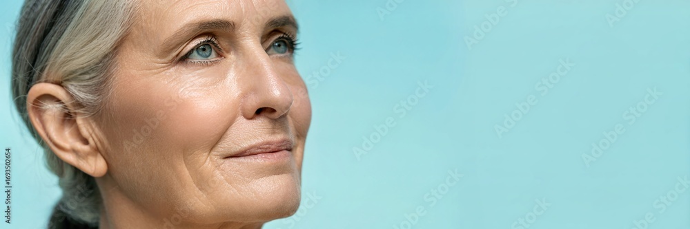 Obraz premium portrait of a smiling woman with grey hair, looking pensively off to the side, natural lighting, blue background, high resolution, detailed facial features, 8k, photorealistic 