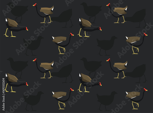 Common Moorhen Bird Cartoon Character Seamless Wallpaper Background