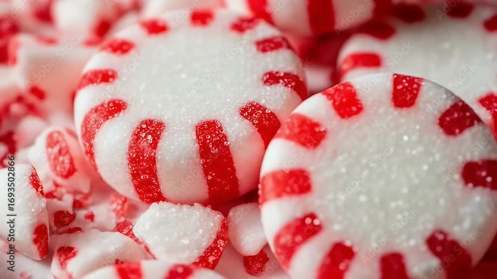 Macro image of sugary red and white peppermint candies and candy fragments