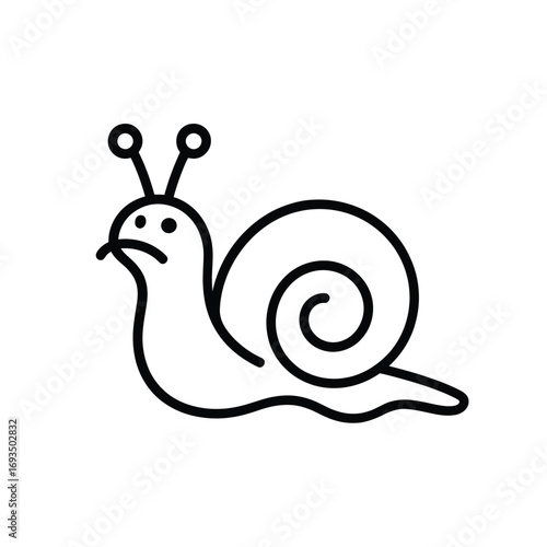 Sad cartoon snail with a grumpy expression and curly shell