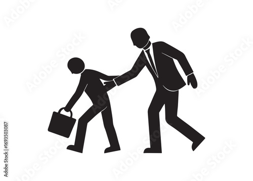 Businessman Helping Colleague, Simple Icon, Support and Teamwork Concept, Black and White Minimalist Style.