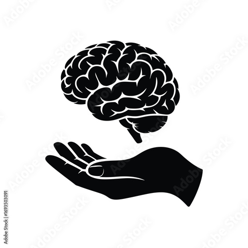 Human hand gently holding a stylized black brain illustration
