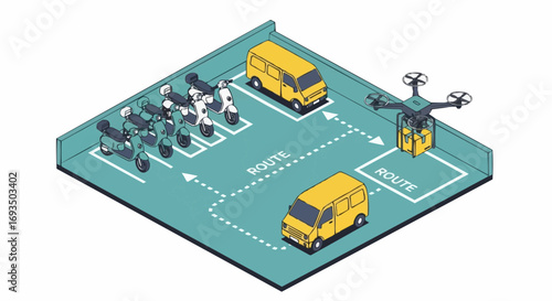 Vector Illustration Drone Delivery System with Vehicles and Route in Urban Environment