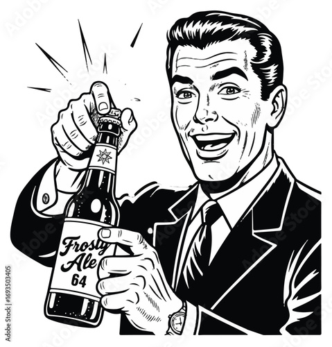 Retro man joyfully opening a bottle of Frosty Ale 64, celebrating with a big smile and a classic look.