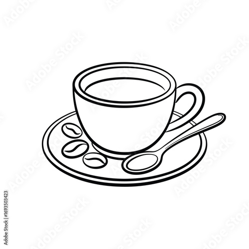 Simple line drawing of a coffee cup with saucer and spoon