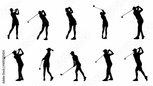 Dynamic golfer silhouettes capturing the power and grace of a perfect swing sequence