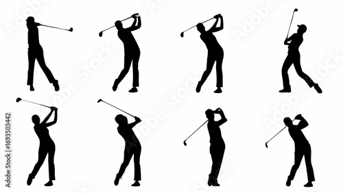 Dynamic silhouettes capture the powerful swing of golfers in action across eight distinct poses