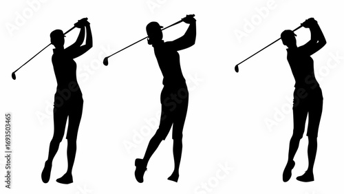 Dynamic female golfer captures powerful swing motion sequence for sports advertising and design