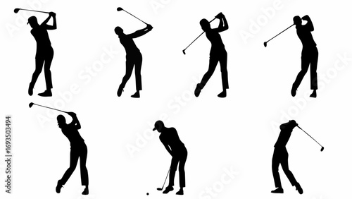 Dynamic golf swing silhouettes capture the power and grace of the sport, perfect for athletic promotions.