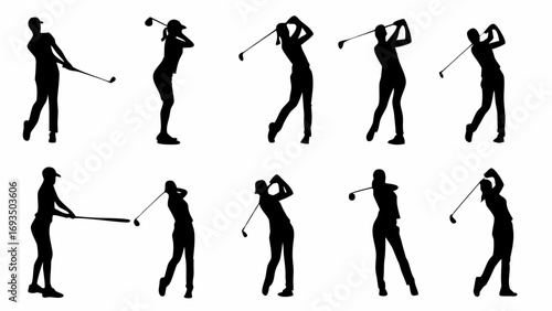 Dynamic golf player silhouettes capturing swings and poses for sports and fitness projects