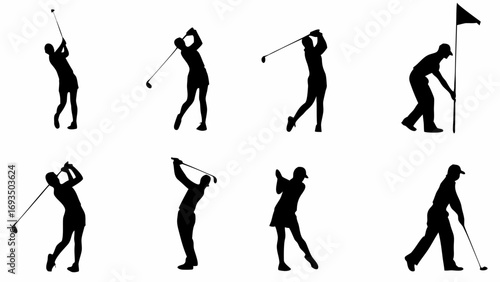 Dynamic golf players captured in action swinging clubs and approaching the flag on the course