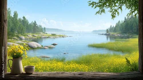 Open Window View to Green Garden and Nature Landscape