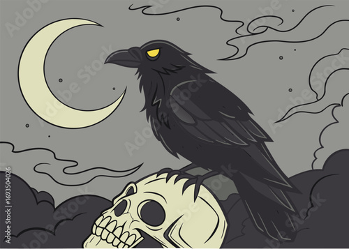 Dark Raven on Skull: Gothic Art and Symbolism