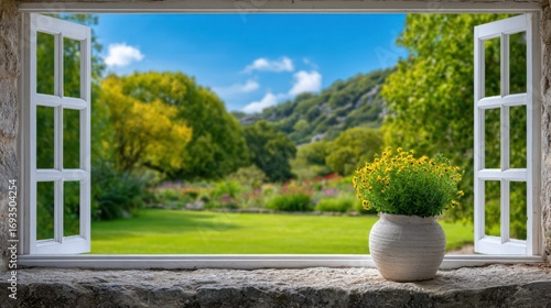 Open Window View to Green Garden and Nature Landscape