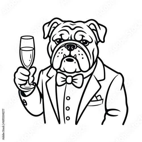 Dapper bulldog in a suit holding a champagne flute