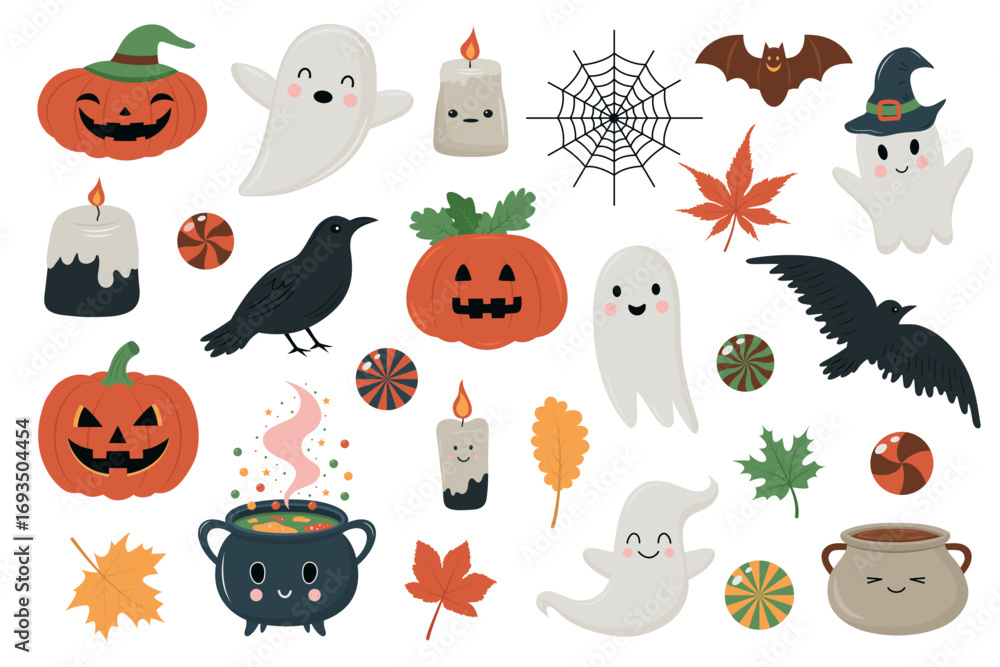 Fototapeta premium Halloween set with spooky and cute elements such as pumpkins, ghosts, sweets, candles, and leaves. Perfect for holiday decorations, greeting cards, and party invitations