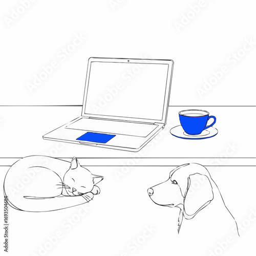 Cozy remote work environment with a laptop, beverage, sleeping cat, and watchful dog, depicting modern home office life with pet companionship