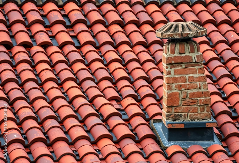 Naklejka premium Intricate terracotta roof tiles, weathered texture; chimney subtly visible , traditional, texture