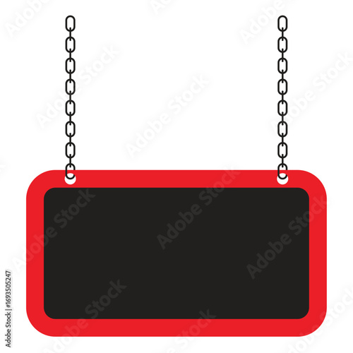 Blank Hanging Signboard with Chains and Red Border on White Background