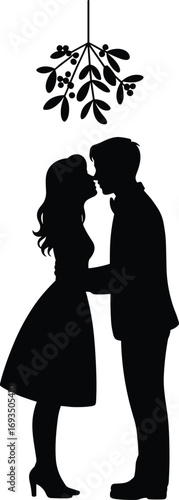 Silhouette of romantic couple kissing under mistletoe, love and affection, holiday romance, Christmas tradition, festive celebration, winter love story, seasonal intimacy.