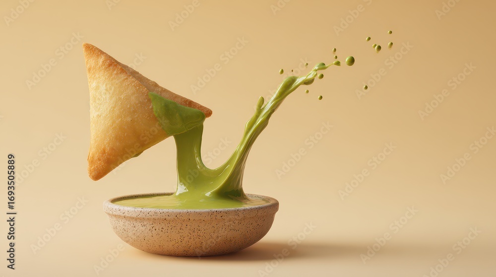 Fototapeta premium Crispy samosa dipped in green chutney with splash