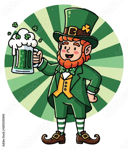 A cheerful cartoon leprechaun in a green suit and top hat, with a red beard, holding a frothy mug of green beer with shamrocks, against a radial green background.
