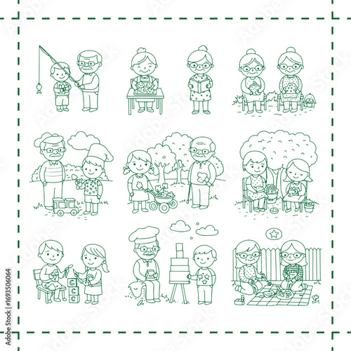 Simple line art illustrations of people engaging in various activities and hobbies.