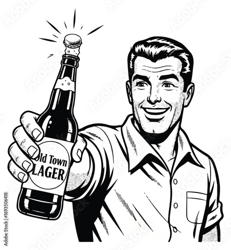 A vintage illustration depicts a smiling man holding up a bottle of beer with a popped cap.