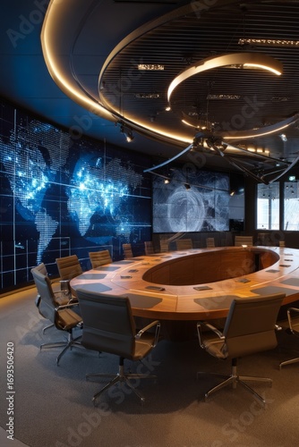 A circular meeting table surrounded by international delegates Digital world maps glow on nearby screens The mood feels strategic and focused, Generative AI