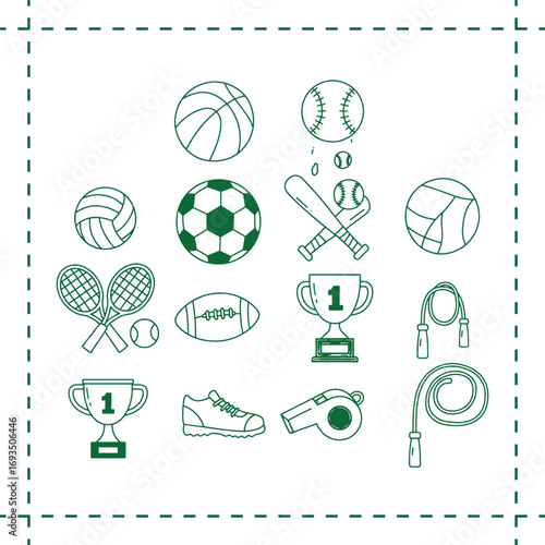 Sports Equipment and Trophies Collection Vector Illustration for Active Lifestyle.