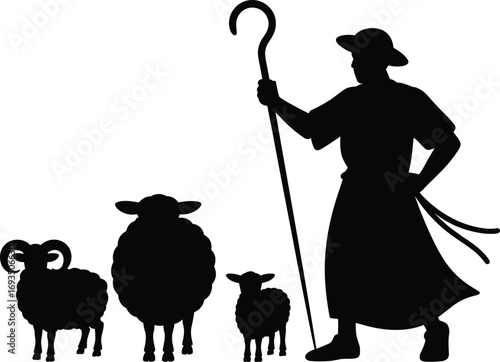 Silhouette of shepherd with staff and three sheep, rural pastoral scene, animal care, traditional farming, countryside lifestyle, livestock herding.