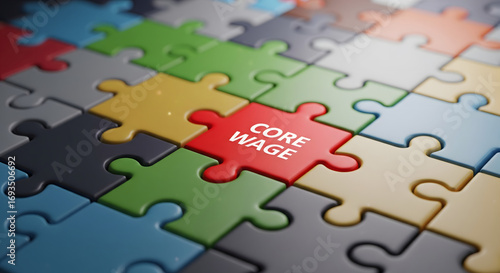 Core Wage Puzzle: A conceptual depiction of core wage, symbolized by a single piece in a colorful jigsaw puzzle, the metaphor signifying its integral role and complexities within a business. 