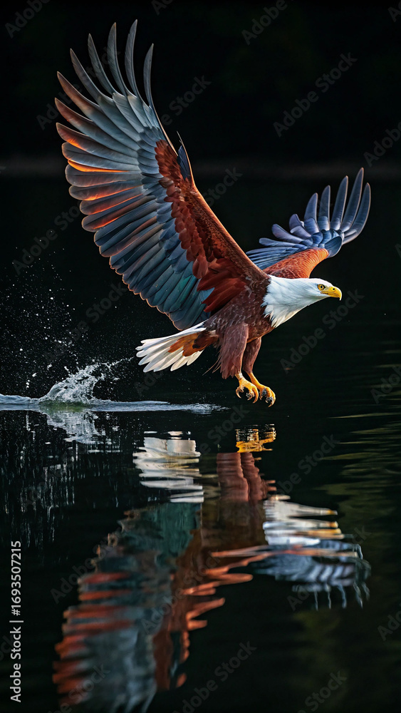 Fototapeta premium Eagle flying over dark water reflection bird wings