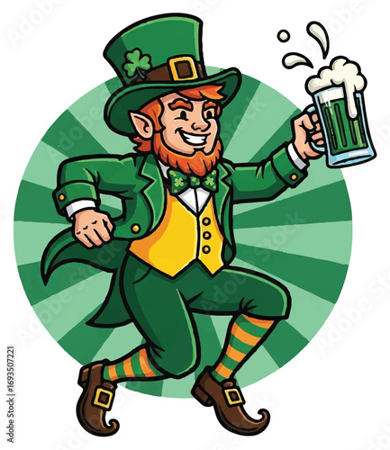 A jovial leprechaun in green attire celebrates, holding a beer mug.