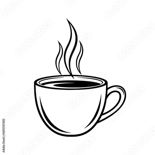 Steaming Coffee Cup Icon: A minimalist yet inviting black and white illustration captures the essence of a warm, freshly brewed beverage in a classic ceramic cup.