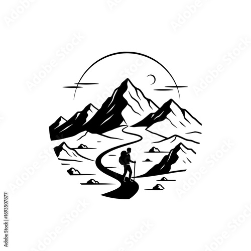Journey to the Summit: An adventurous traveler embarks on a solitary trek, tracing a winding path towards towering peaks, symbolizing aspiration and the pursuit of dreams.