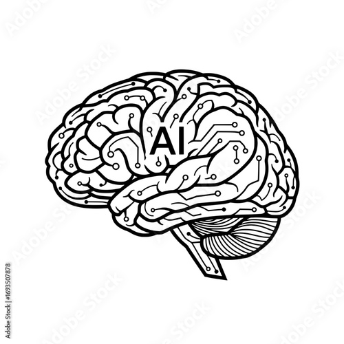 Digital Brain: A conceptual illustration of a brain overlaid with a digital circuit design and the letters AI, embodying the concept of artificial intelligence and its link to the human mind. 