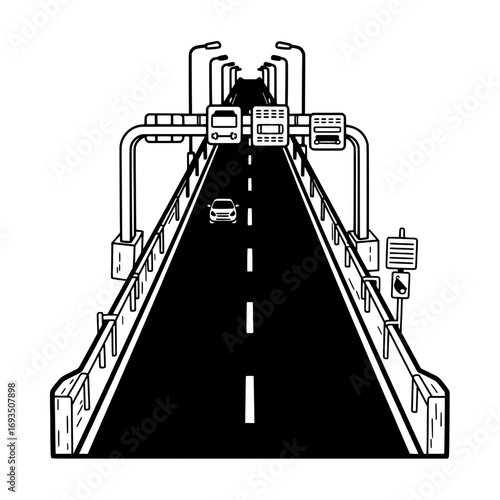 Roadway and Transport Infrastructure: An overhead, starkly illustrated view of a modern roadway, where transport vehicles traverse a sleek, linear path.
