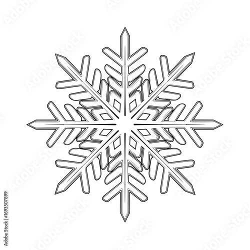 Intricate Snowflake: A detailed image of a singular snowflake, showcasing its delicate and complex crystalline structure in perfect symmetry.
