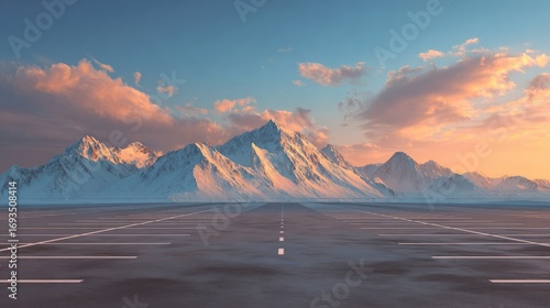Empty square floor with scenic snow-covered mountain landscape at sunset featuring warm golden light reflections on the ground and a distant car silhouette for a peaceful winter travel and nature back