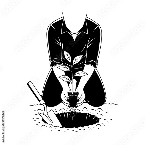 Planting the Seed of Tomorrow: A graphic illustration showcases the act of nurturing life, as a person tenderly plants a seedling, symbolizing growth and environmental stewardship.