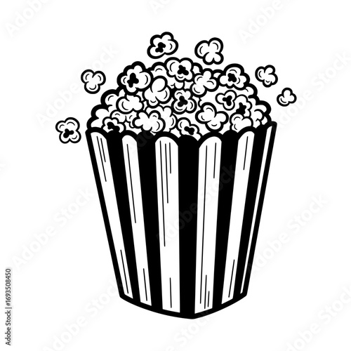 Cinema Delight: A black and white line drawing of popcorn overflowing a striped paper container, an illustration of the classic cinema snack, evocative of the anticipation of a film experience.