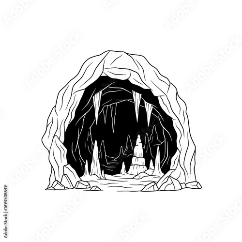 Mysterious Cave Entrance: A monochrome image depicts the entrance of a cave, highlighting geological formations like stalactites and stalagmites, creating a scene of natural wonder.